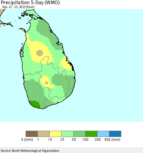Sri Lanka Precipitation 5-Day (WMO) Thematic Map For 9/21/2023 - 9/25/2023