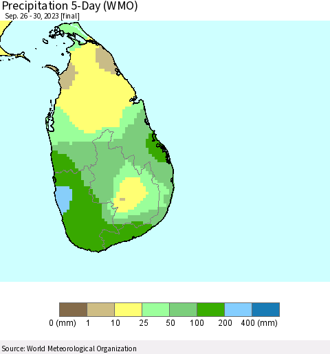 Sri Lanka Precipitation 5-Day (WMO) Thematic Map For 9/26/2023 - 9/30/2023
