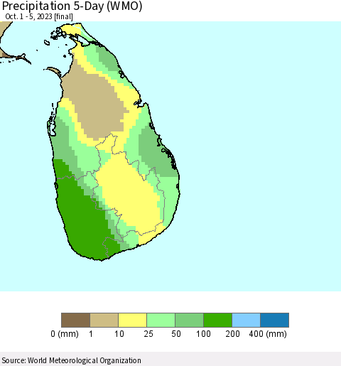 Sri Lanka Precipitation 5-Day (WMO) Thematic Map For 10/1/2023 - 10/5/2023