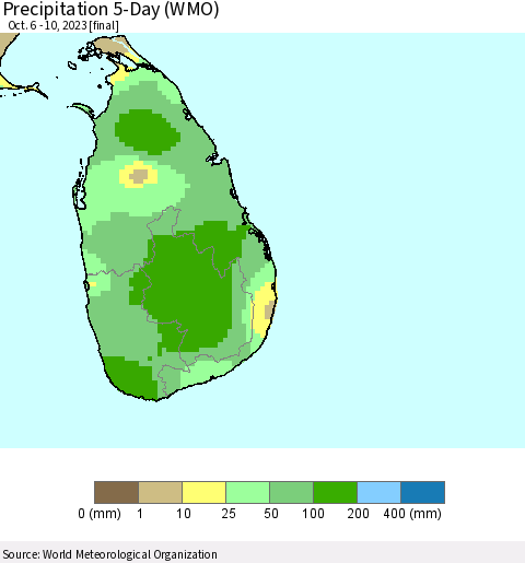 Sri Lanka Precipitation 5-Day (WMO) Thematic Map For 10/6/2023 - 10/10/2023