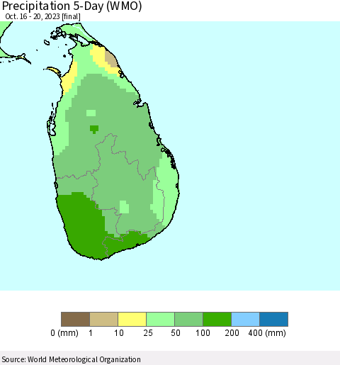Sri Lanka Precipitation 5-Day (WMO) Thematic Map For 10/16/2023 - 10/20/2023