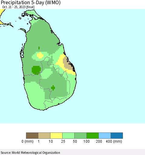 Sri Lanka Precipitation 5-Day (WMO) Thematic Map For 10/21/2023 - 10/25/2023