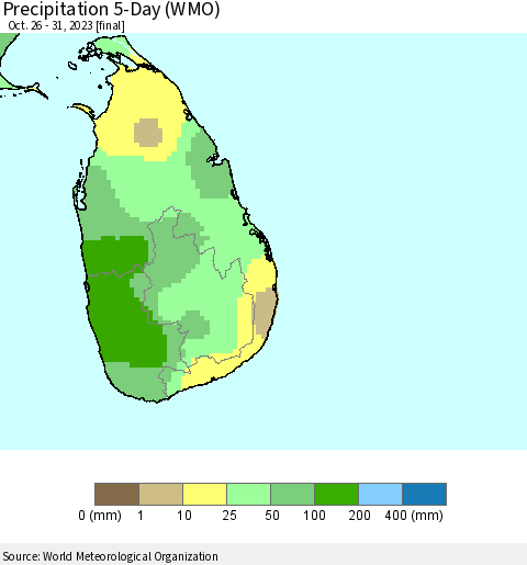 Sri Lanka Precipitation 5-Day (WMO) Thematic Map For 10/26/2023 - 10/31/2023