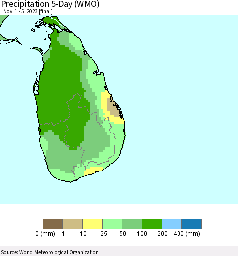 Sri Lanka Precipitation 5-Day (WMO) Thematic Map For 11/1/2023 - 11/5/2023
