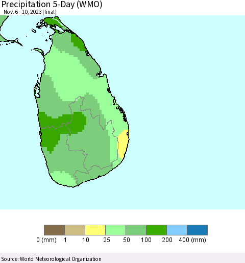 Sri Lanka Precipitation 5-Day (WMO) Thematic Map For 11/6/2023 - 11/10/2023