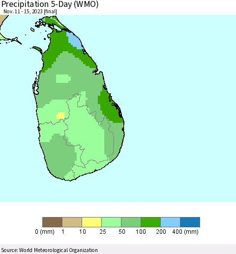 Sri Lanka Precipitation 5-Day (WMO) Thematic Map For 11/11/2023 - 11/15/2023