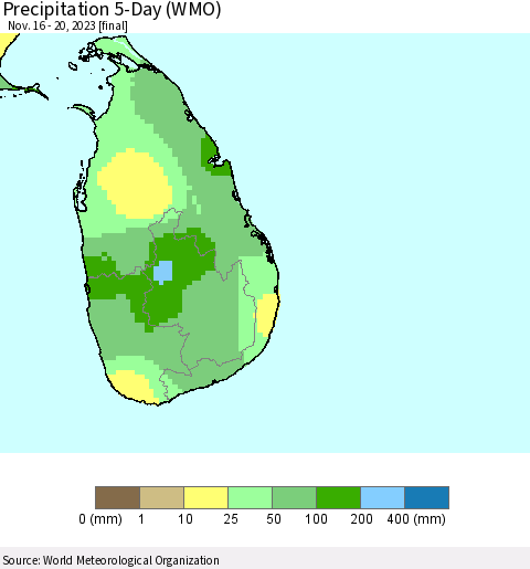 Sri Lanka Precipitation 5-Day (WMO) Thematic Map For 11/16/2023 - 11/20/2023