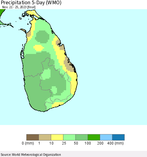 Sri Lanka Precipitation 5-Day (WMO) Thematic Map For 11/21/2023 - 11/25/2023