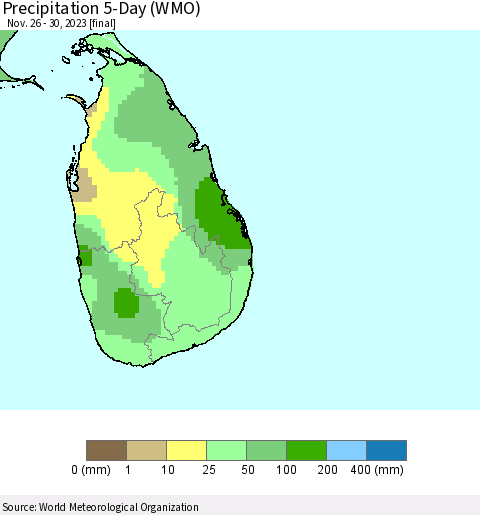 Sri Lanka Precipitation 5-Day (WMO) Thematic Map For 11/26/2023 - 11/30/2023