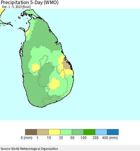 Sri Lanka Precipitation 5-Day (WMO) Thematic Map For 12/1/2023 - 12/5/2023