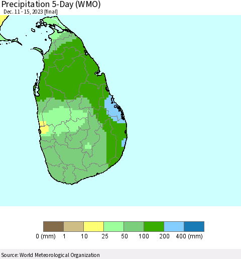 Sri Lanka Precipitation 5-Day (WMO) Thematic Map For 12/11/2023 - 12/15/2023