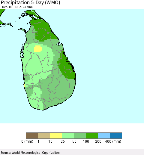 Sri Lanka Precipitation 5-Day (WMO) Thematic Map For 12/16/2023 - 12/20/2023