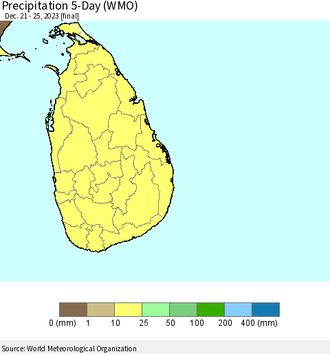 Sri Lanka Precipitation 5-Day (WMO) Thematic Map For 12/21/2023 - 12/25/2023