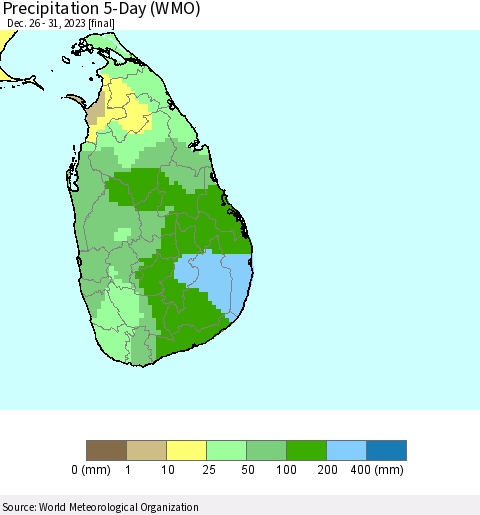 Sri Lanka Precipitation 5-Day (WMO) Thematic Map For 12/26/2023 - 12/31/2023
