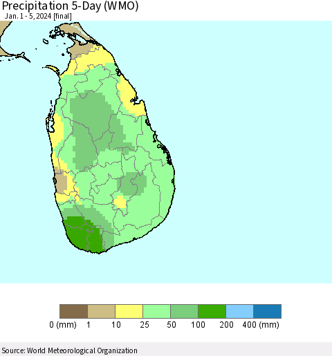 Sri Lanka Precipitation 5-Day (WMO) Thematic Map For 1/1/2024 - 1/5/2024