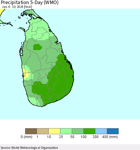 Sri Lanka Precipitation 5-Day (WMO) Thematic Map For 1/6/2024 - 1/10/2024