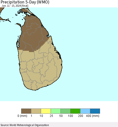 Sri Lanka Precipitation 5-Day (WMO) Thematic Map For 1/11/2024 - 1/15/2024