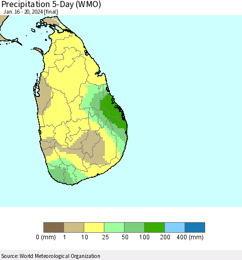 Sri Lanka Precipitation 5-Day (WMO) Thematic Map For 1/16/2024 - 1/20/2024