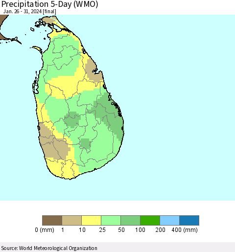 Sri Lanka Precipitation 5-Day (WMO) Thematic Map For 1/26/2024 - 1/31/2024