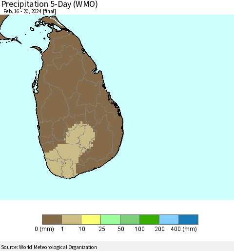 Sri Lanka Precipitation 5-Day (WMO) Thematic Map For 2/16/2024 - 2/20/2024