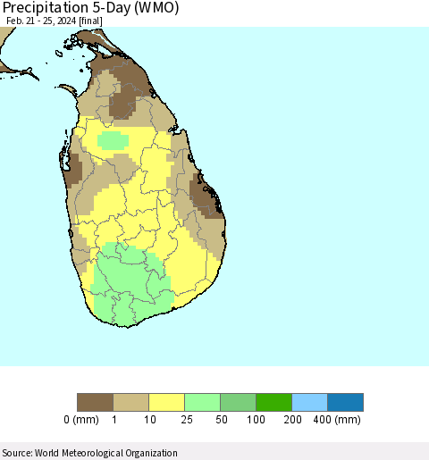 Sri Lanka Precipitation 5-Day (WMO) Thematic Map For 2/21/2024 - 2/25/2024