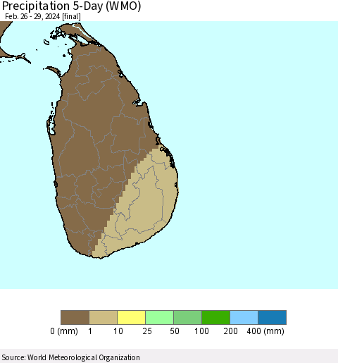 Sri Lanka Precipitation 5-Day (WMO) Thematic Map For 2/26/2024 - 2/29/2024