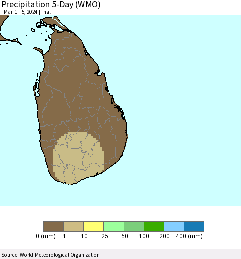 Sri Lanka Precipitation 5-Day (WMO) Thematic Map For 3/1/2024 - 3/5/2024