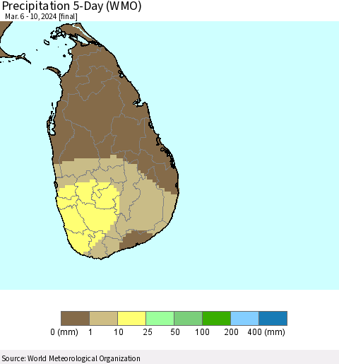 Sri Lanka Precipitation 5-Day (WMO) Thematic Map For 3/6/2024 - 3/10/2024