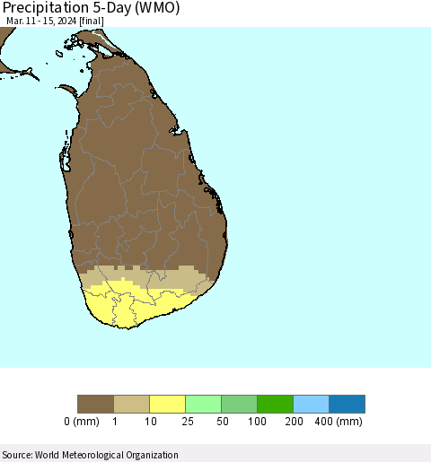 Sri Lanka Precipitation 5-Day (WMO) Thematic Map For 3/11/2024 - 3/15/2024