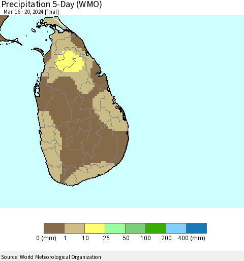 Sri Lanka Precipitation 5-Day (WMO) Thematic Map For 3/16/2024 - 3/20/2024