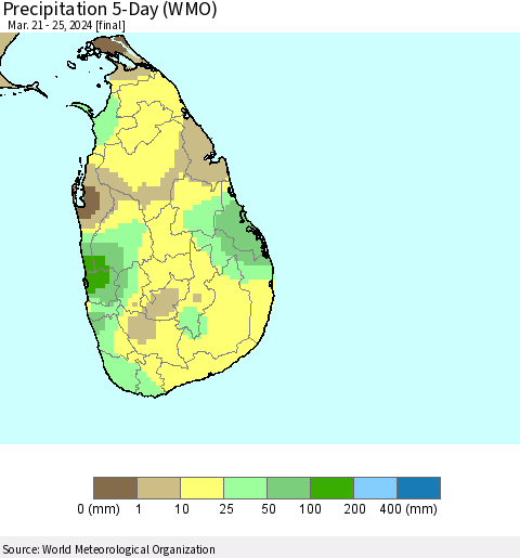 Sri Lanka Precipitation 5-Day (WMO) Thematic Map For 3/21/2024 - 3/25/2024