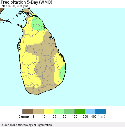 Sri Lanka Precipitation 5-Day (WMO) Thematic Map For 3/26/2024 - 3/31/2024