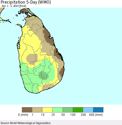 Sri Lanka Precipitation 5-Day (WMO) Thematic Map For 4/1/2024 - 4/5/2024