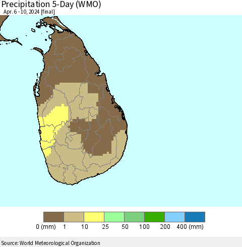 Sri Lanka Precipitation 5-Day (WMO) Thematic Map For 4/6/2024 - 4/10/2024