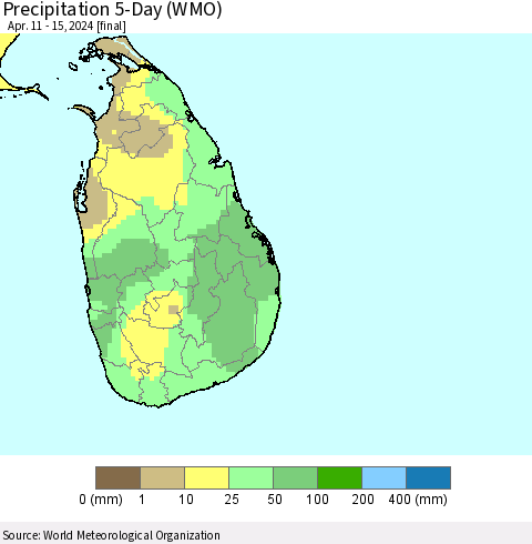 Sri Lanka Precipitation 5-Day (WMO) Thematic Map For 4/11/2024 - 4/15/2024