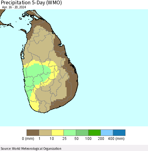 Sri Lanka Precipitation 5-Day (WMO) Thematic Map For 4/16/2024 - 4/20/2024