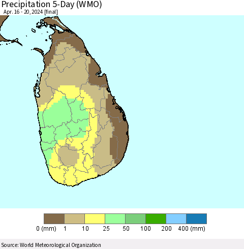 Sri Lanka Precipitation 5-Day (WMO) Thematic Map For 4/16/2024 - 4/20/2024