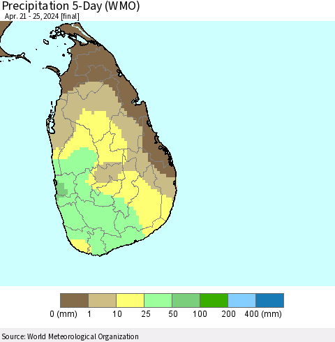 Sri Lanka Precipitation 5-Day (WMO) Thematic Map For 4/21/2024 - 4/25/2024