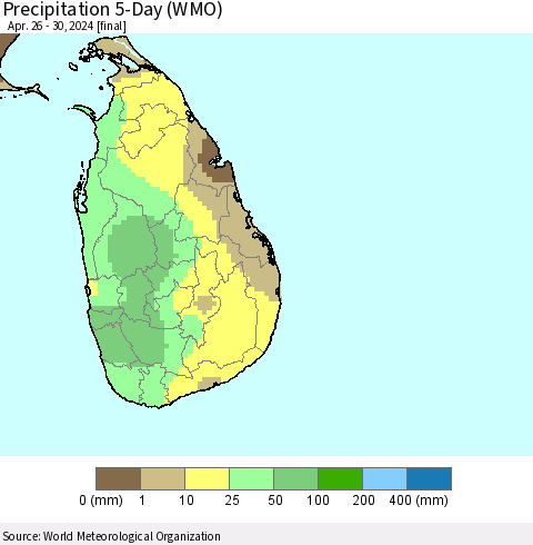 Sri Lanka Precipitation 5-Day (WMO) Thematic Map For 4/26/2024 - 4/30/2024