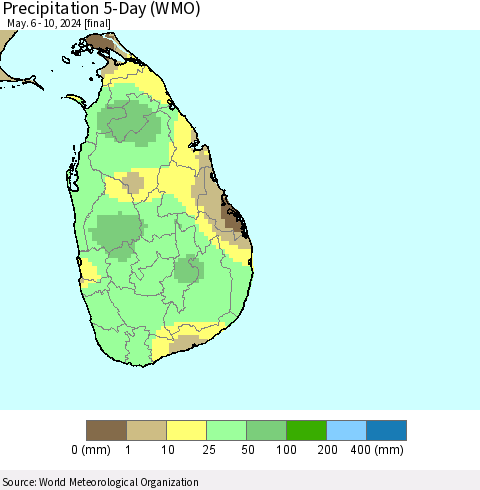 Sri Lanka Precipitation 5-Day (WMO) Thematic Map For 5/6/2024 - 5/10/2024