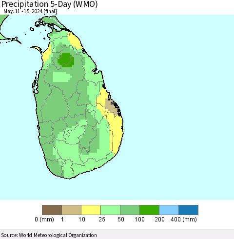 Sri Lanka Precipitation 5-Day (WMO) Thematic Map For 5/11/2024 - 5/15/2024