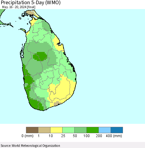 Sri Lanka Precipitation 5-Day (WMO) Thematic Map For 5/16/2024 - 5/20/2024