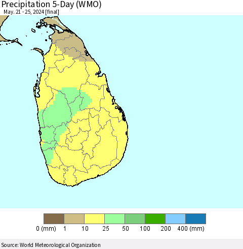 Sri Lanka Precipitation 5-Day (WMO) Thematic Map For 5/21/2024 - 5/25/2024