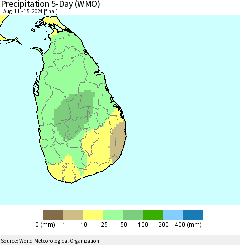 Sri Lanka Precipitation 5-Day (WMO) Thematic Map For 8/11/2024 - 8/15/2024