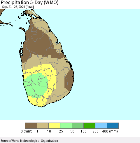 Sri Lanka Precipitation 5-Day (WMO) Thematic Map For 9/21/2024 - 9/25/2024