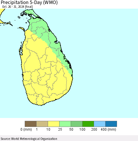 Sri Lanka Precipitation 5-Day (WMO) Thematic Map For 10/26/2024 - 10/31/2024