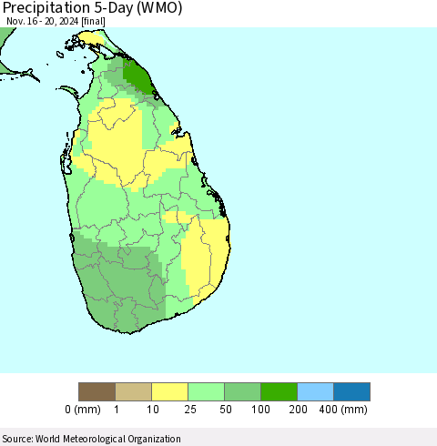 Sri Lanka Precipitation 5-Day (WMO) Thematic Map For 11/16/2024 - 11/20/2024