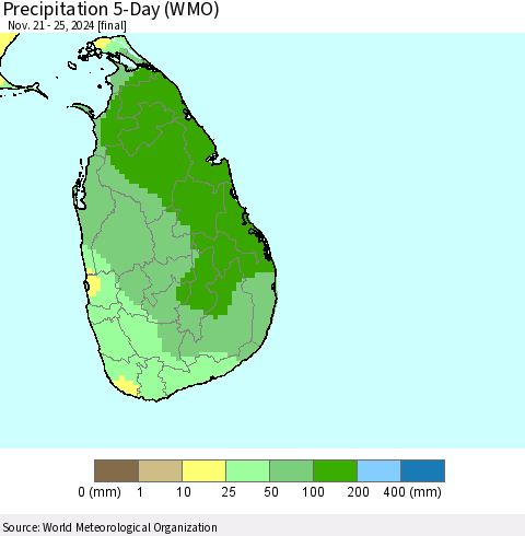 Sri Lanka Precipitation 5-Day (WMO) Thematic Map For 11/21/2024 - 11/25/2024