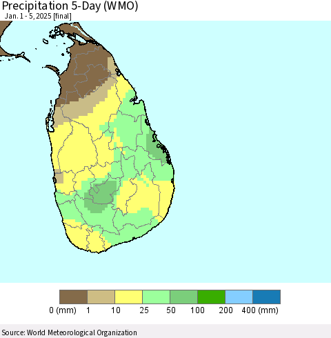 Sri Lanka Precipitation 5-Day (WMO) Thematic Map For 1/1/2025 - 1/5/2025