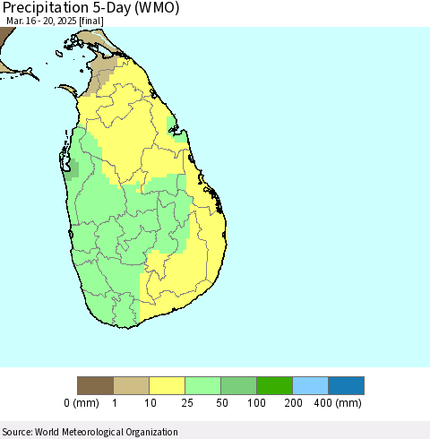 Sri Lanka Precipitation 5-Day (WMO) Thematic Map For 3/16/2025 - 3/20/2025